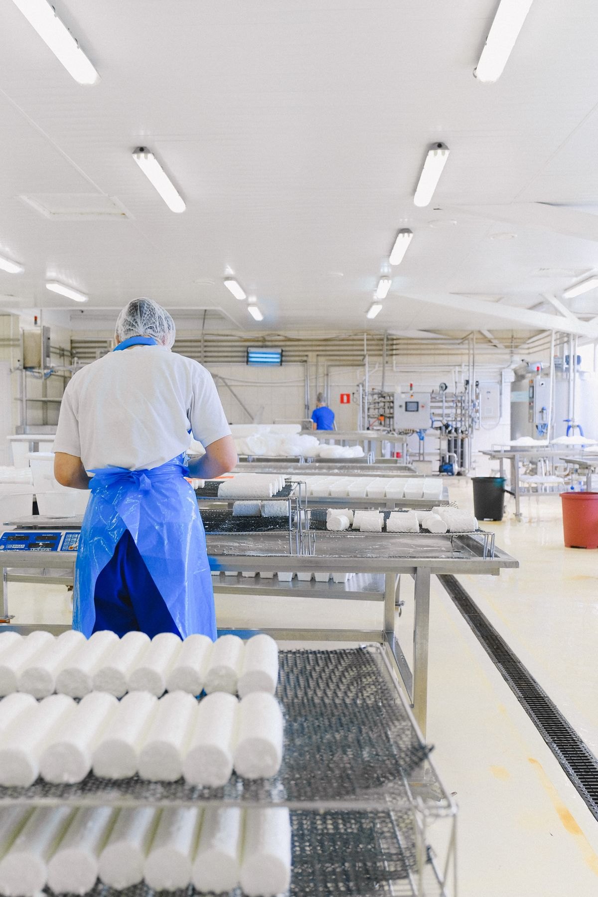 Food-plant worker in protective clothing on a hygienic production line